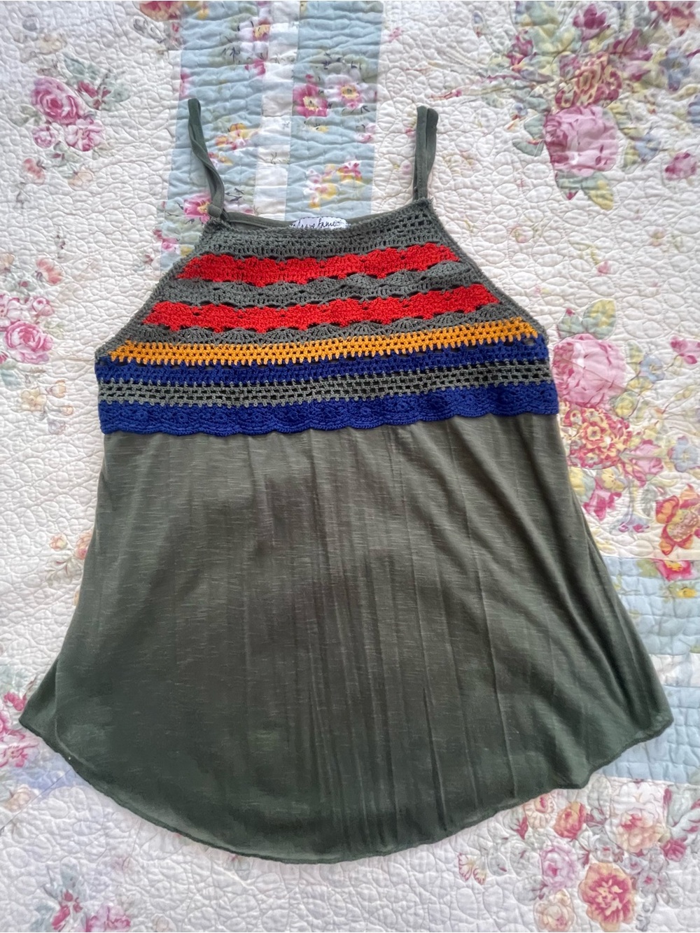 Olive Crochet Yoke Tank Top with Multicolor Stripes